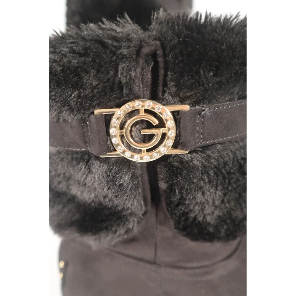 GUESS Black Faux Suede Fur Trim Rhinestone Logo‎ Mid-Calf Boots Size 10W
